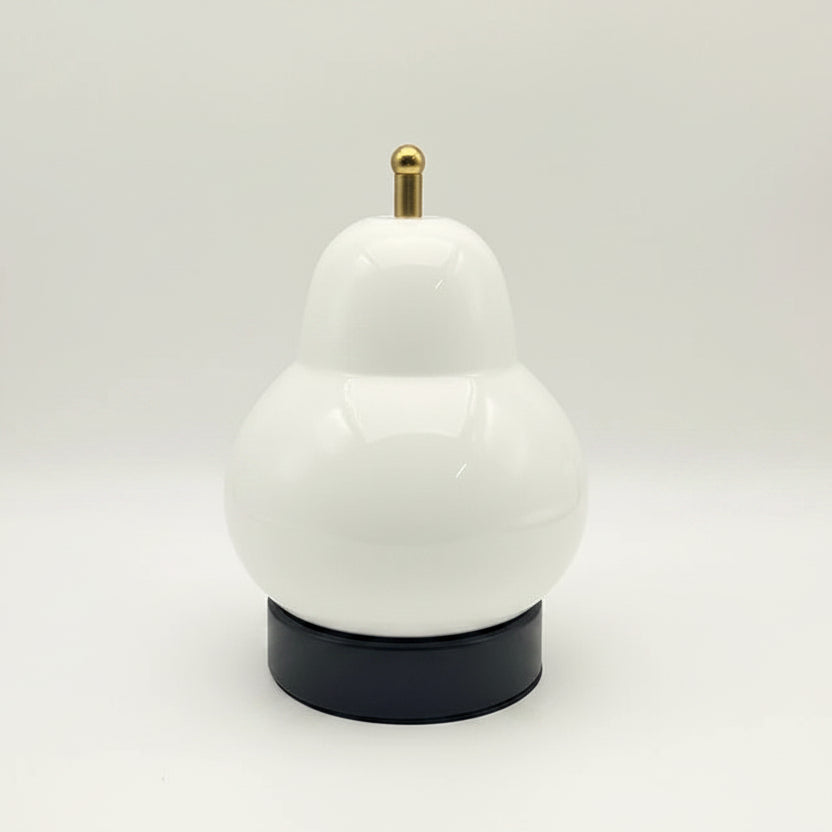 White gourd-shaped portable table lamp with gold top and black base.
