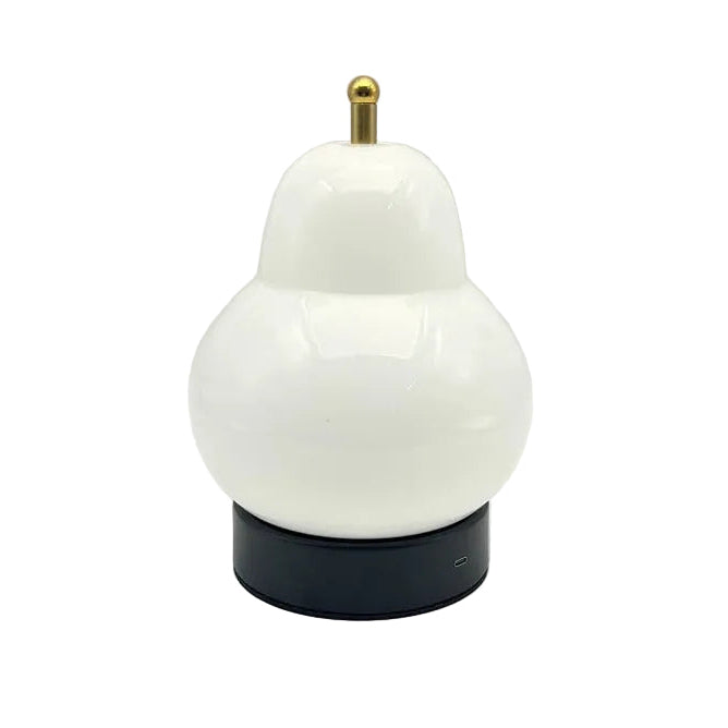 White gourd-shaped desk lamp with gold stem and dark round base.