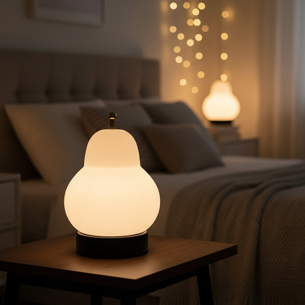 White gourd portable table lamp glowing on a wooden bedside table.
