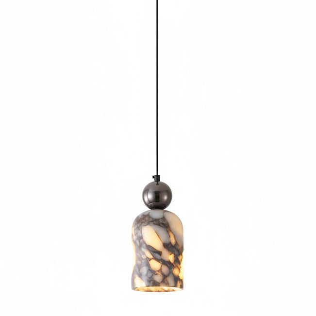 Marbled glass pendant shade with warm yellow glow, dark metal top, single hanging.