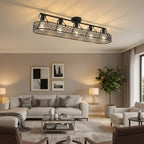 Long cage ceiling light with black scrollwork frame and amber bulbs, flush mount