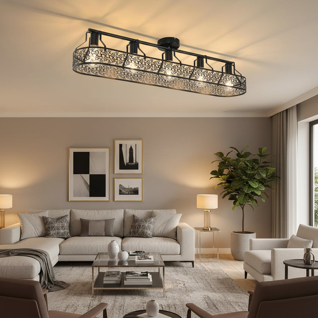 Long cage ceiling light with black scrollwork frame and amber bulbs, flush mount