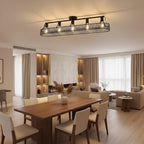 Black long cage flush mount ceiling light with exposed amber bulbs