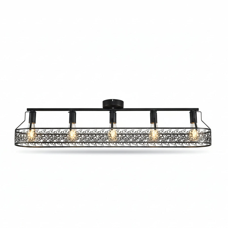 Black cage flush mount ceiling light with exposed amber bulbs and metal scroll pattern