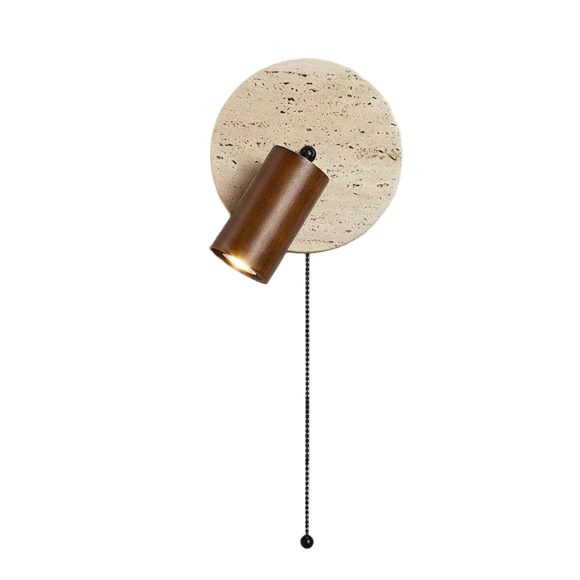 Spotlight wall sconce: round travertine disc, walnut cylinder shade, pull cord