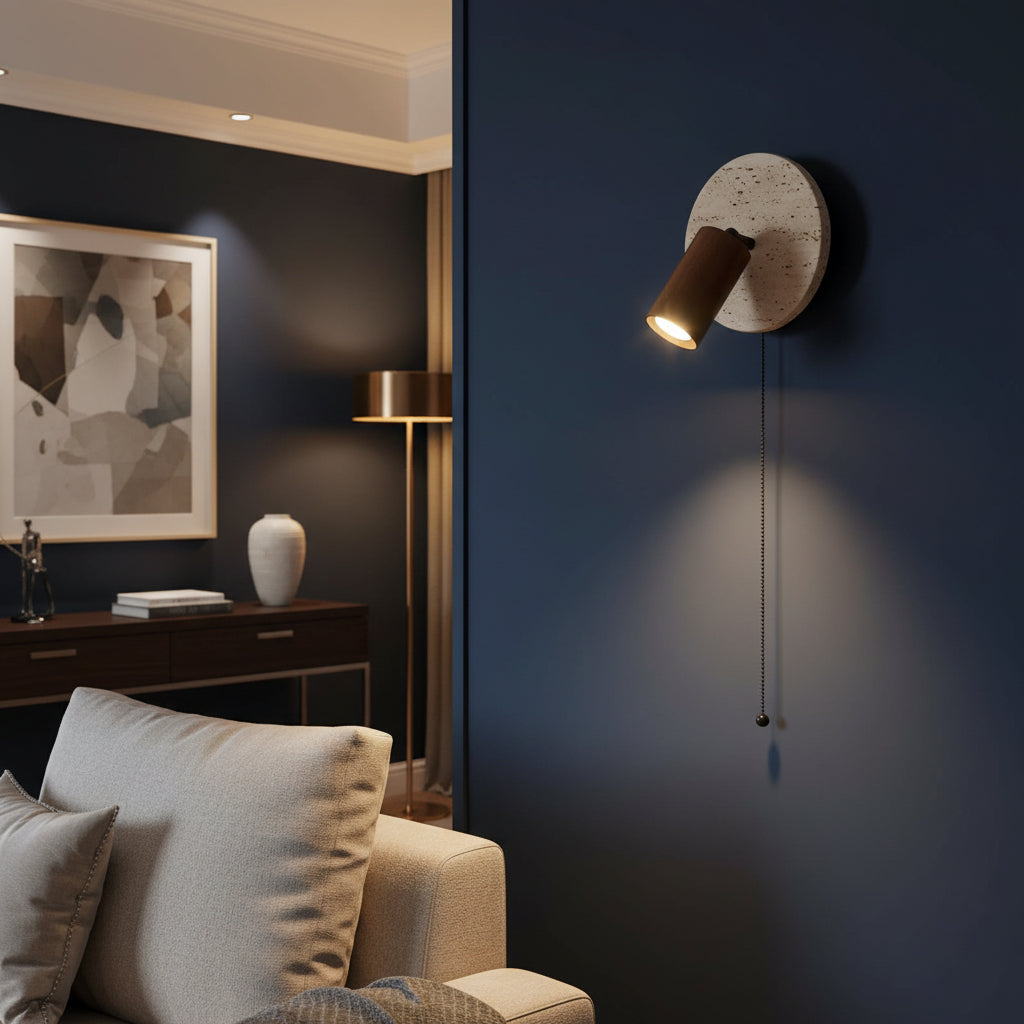 Wall spotlight sconce with round travertine disc, walnut cylinder shade, pull cord