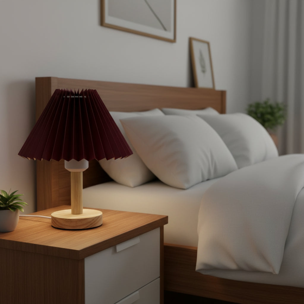 Pleated conical table lamp with burgundy pleated shade and light wood round base