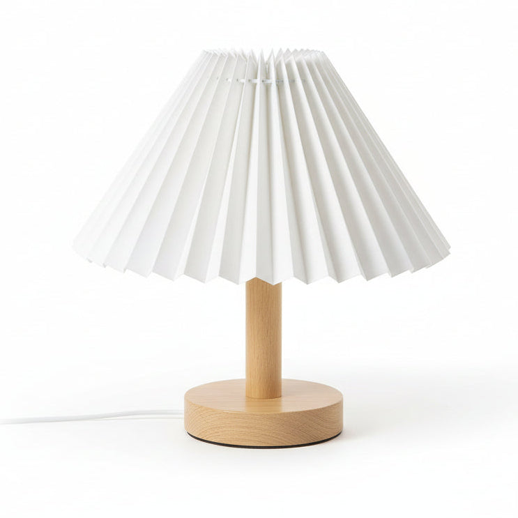 Pleated conical table lamp with white pleated shade and light wood round base