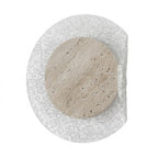 Round travertine disc wall light with textured light-gray outer rim and beige insert