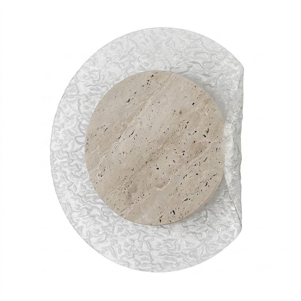 Round travertine disc wall light with textured light-gray outer rim and beige insert