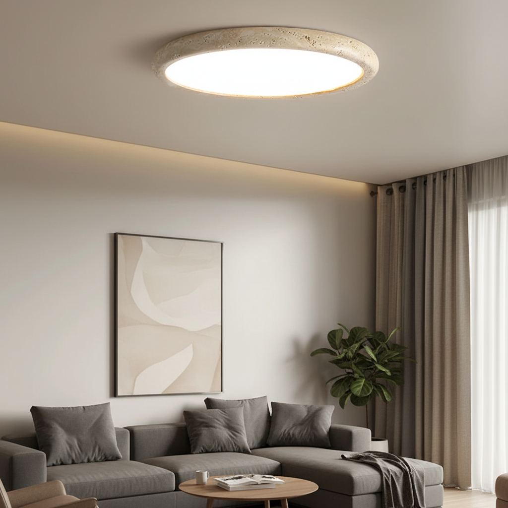 Round flush mount ceiling light with travertine-style ring and bright circular diffuser