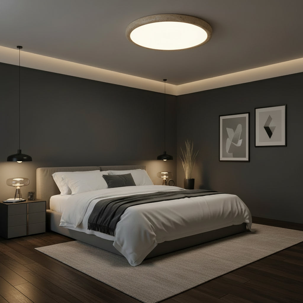 Round flush mount ceiling light with travertine-style ring, centered glowing diffuser