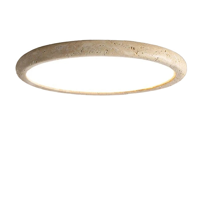 Round travertine-look ceiling flush mount light with thin circular rim and warm glow