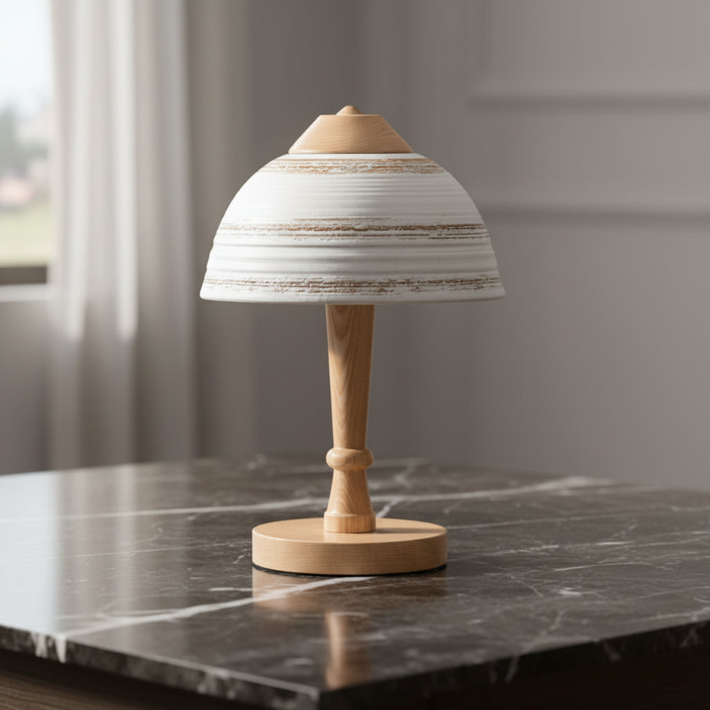 Minimal ceramic dome table lamp with white striped shade and light wood base stand