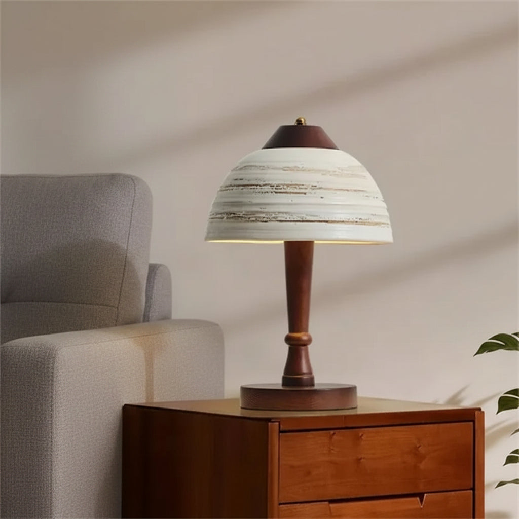 Ceramic dome desk lamp with striped shade, dark wood stem, and round base