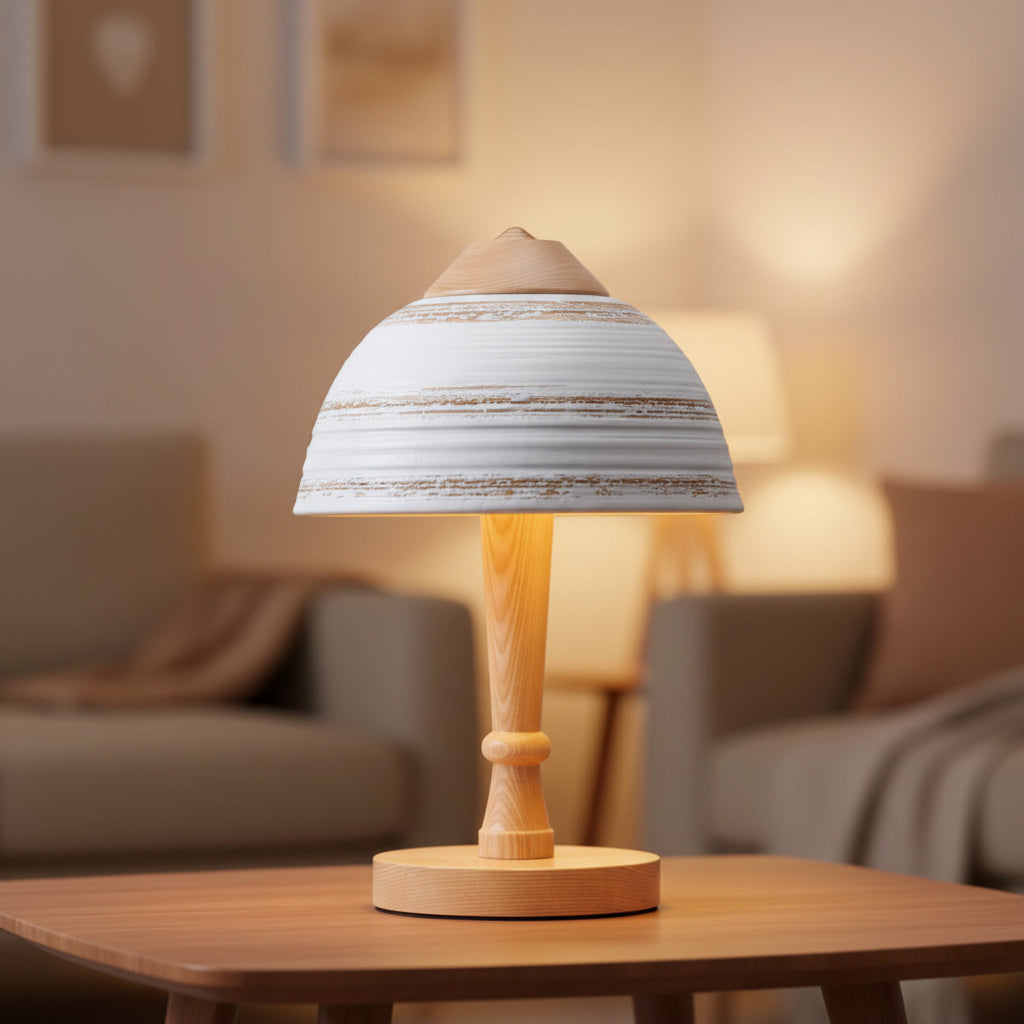 Ceramic mushroom table lamp with striped dome shade and light wood pedestal base