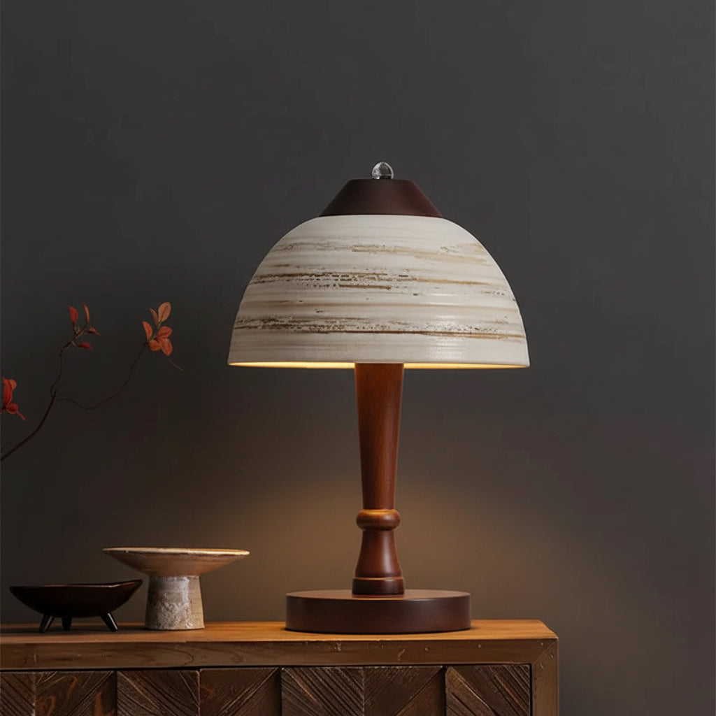 Minimalist ceramic dome table lamp with striped shade, dark wood stem, round base