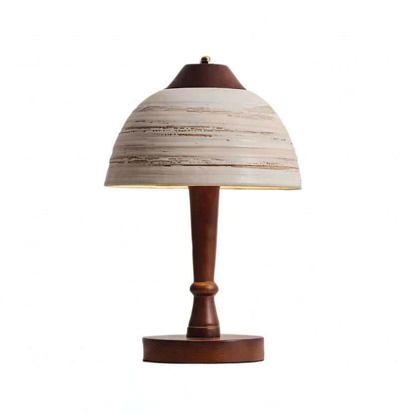 Ceramic dome table lamp with striped mushroom shade, dark wood pedestal, round base